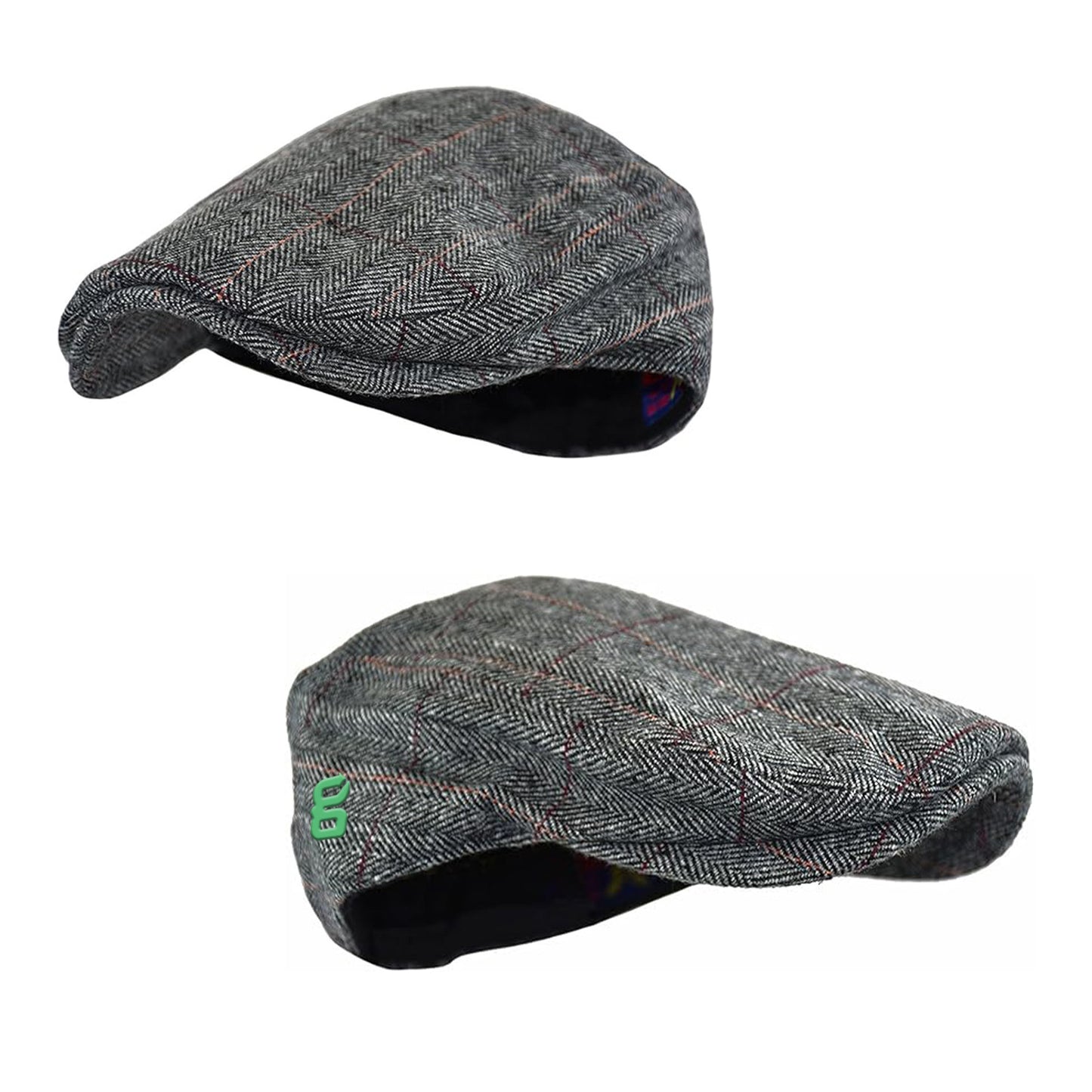 Herringbone Tweed Wool Blend Newsboy Ivy Grey Plaid Hat With Small Logo