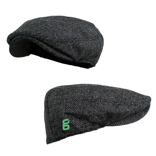 Herringbone Tweed Wool Blend Newsboy Ivy Dark Grey Hat With  Small Logo