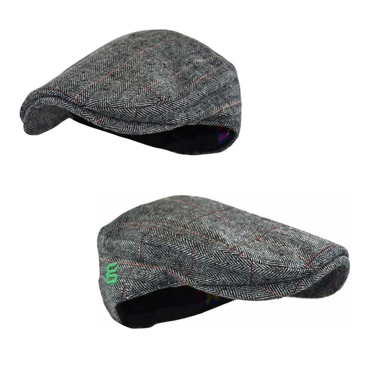 Herringbone Tweed Wool Blend Newsboy Ivy  Grey Plaid Hat With Small Logo